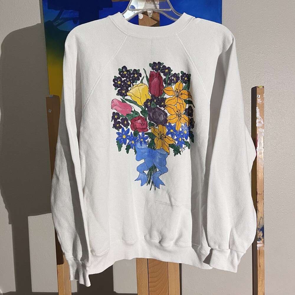 Vintage Art Bouquet Flowers Patty Reiss 1990 White Tultex Crewneck Large Womens